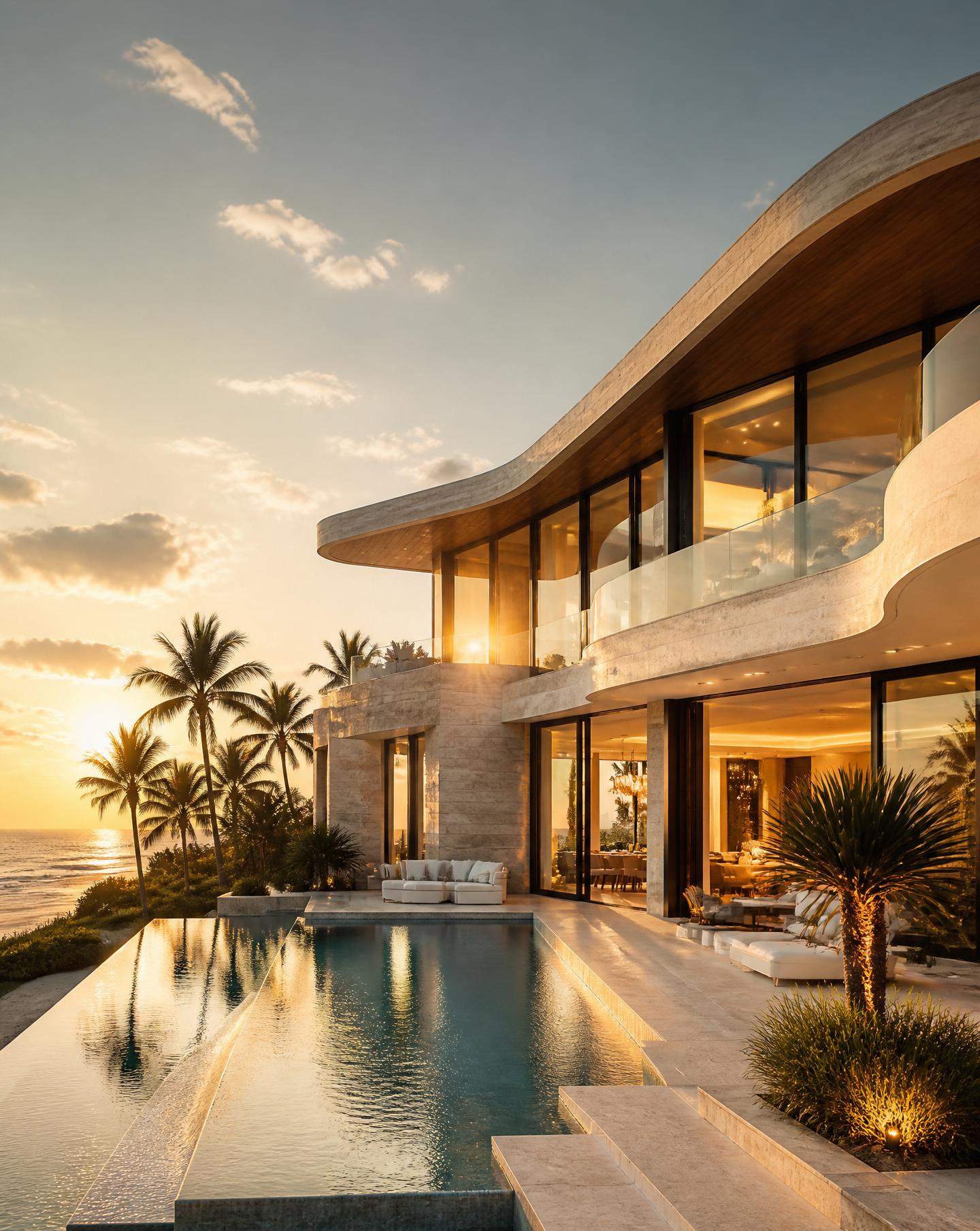 Architectural luxury Gold Coast residence at golden hour with infinity pool and ocean beyond.