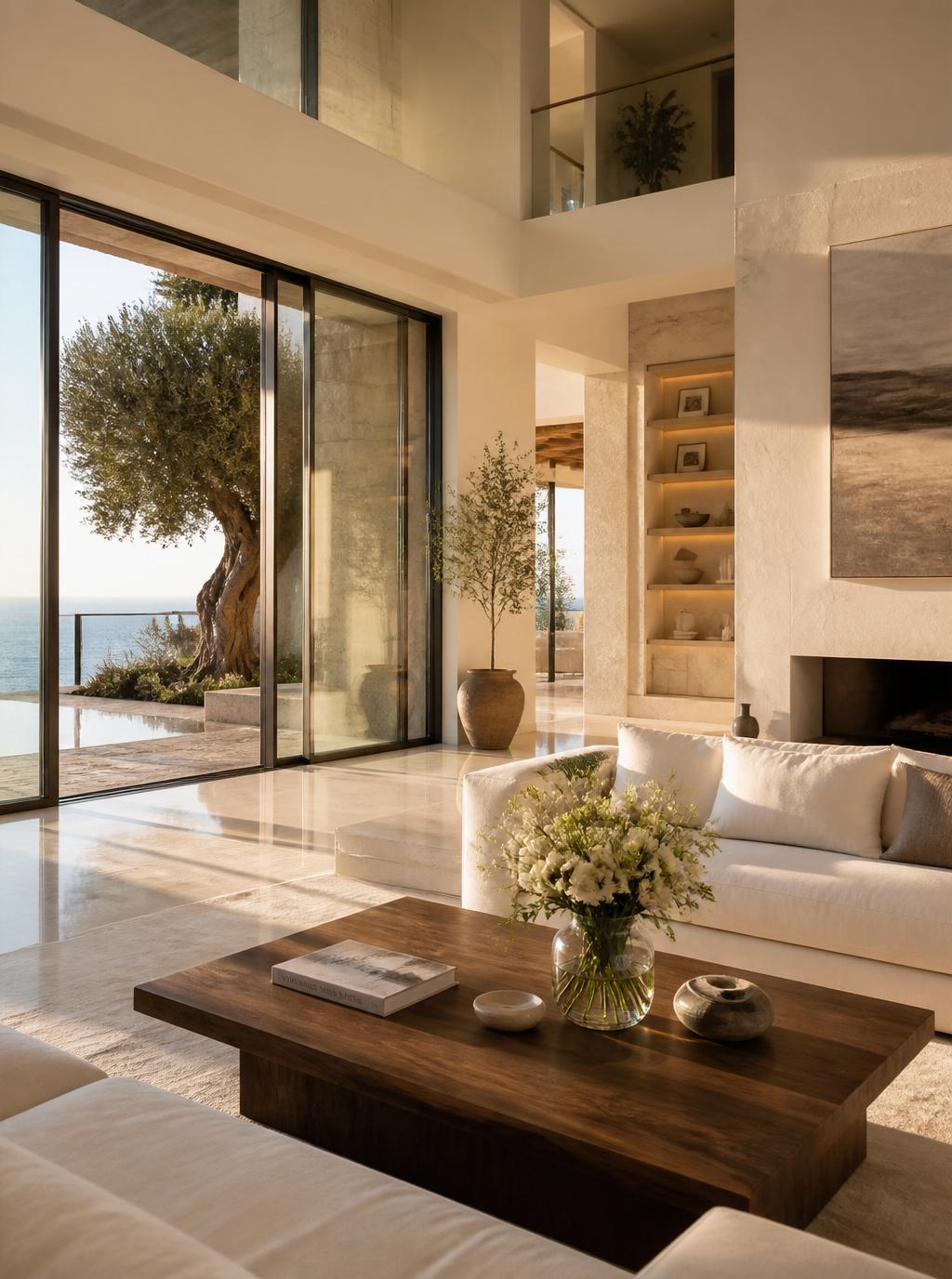 Bright, airy luxury living room filled with golden afternoon light and fresh flowers.